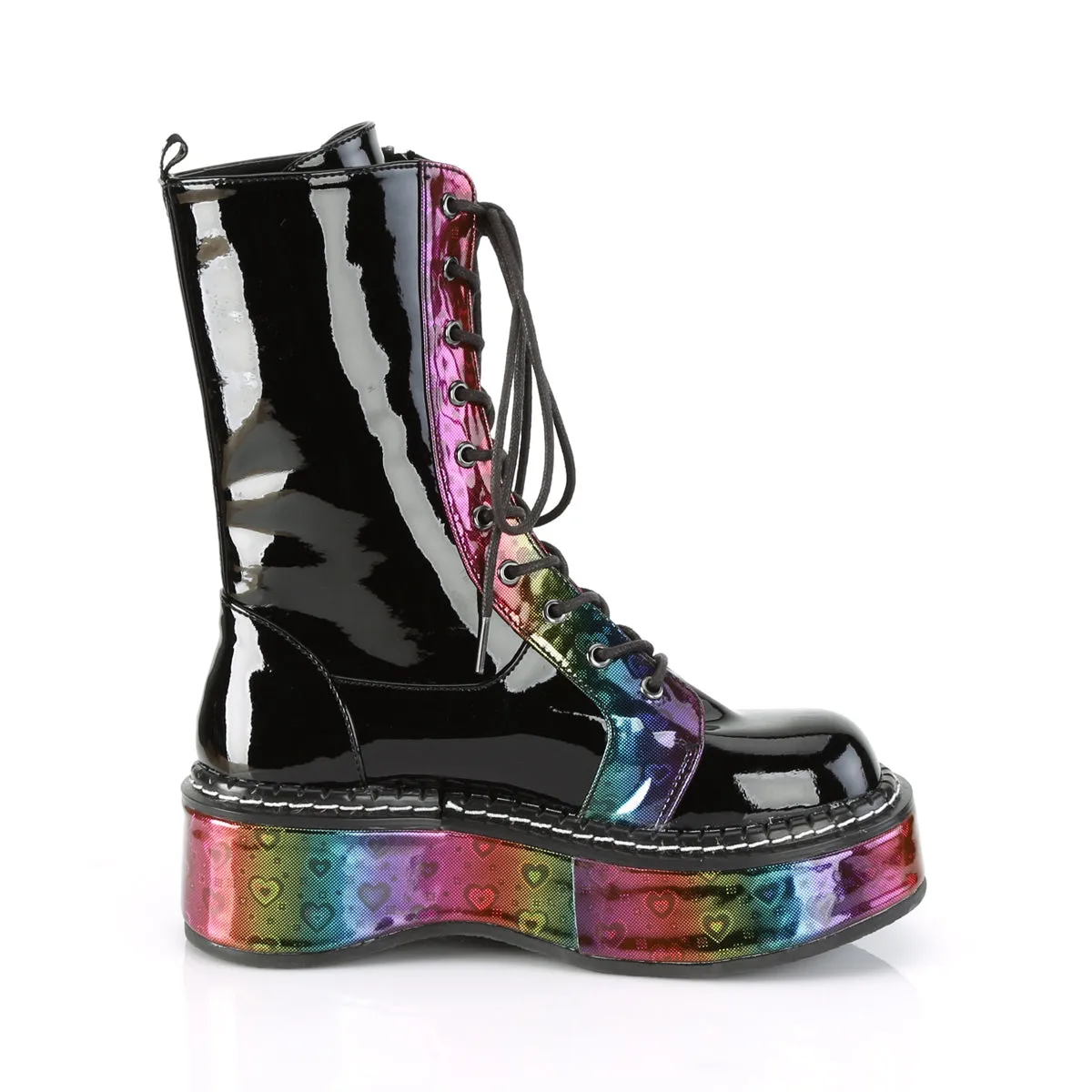 2 Inch Platform EMILY-350 Black Patent-Rainbow Hologram With Hearts