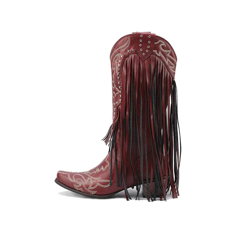 2023 Women Western Mid-calf Boots Pointed Toed Fringed Slip-on Spring Autumn