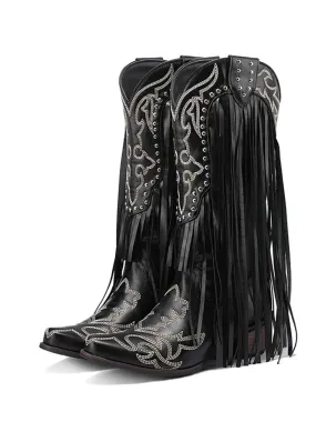 2023 Women Western Mid-calf Boots Pointed Toed Fringed Slip-on Spring Autumn