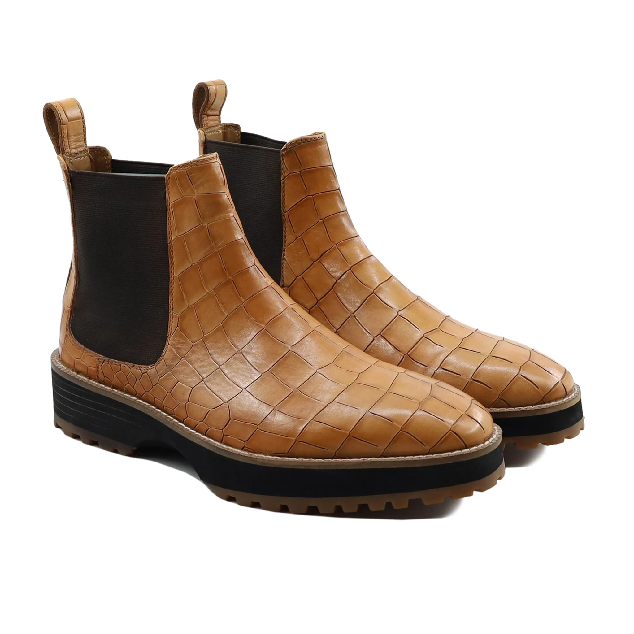 Eisen - Men's Tan Crocodile Printed Calf Leather Chelsea Boot