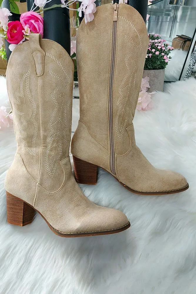 Embroidered Block Heel Knee High Boot