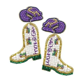 Mardi Gras Felt Back Beaded Western Boots Dangle Earrings