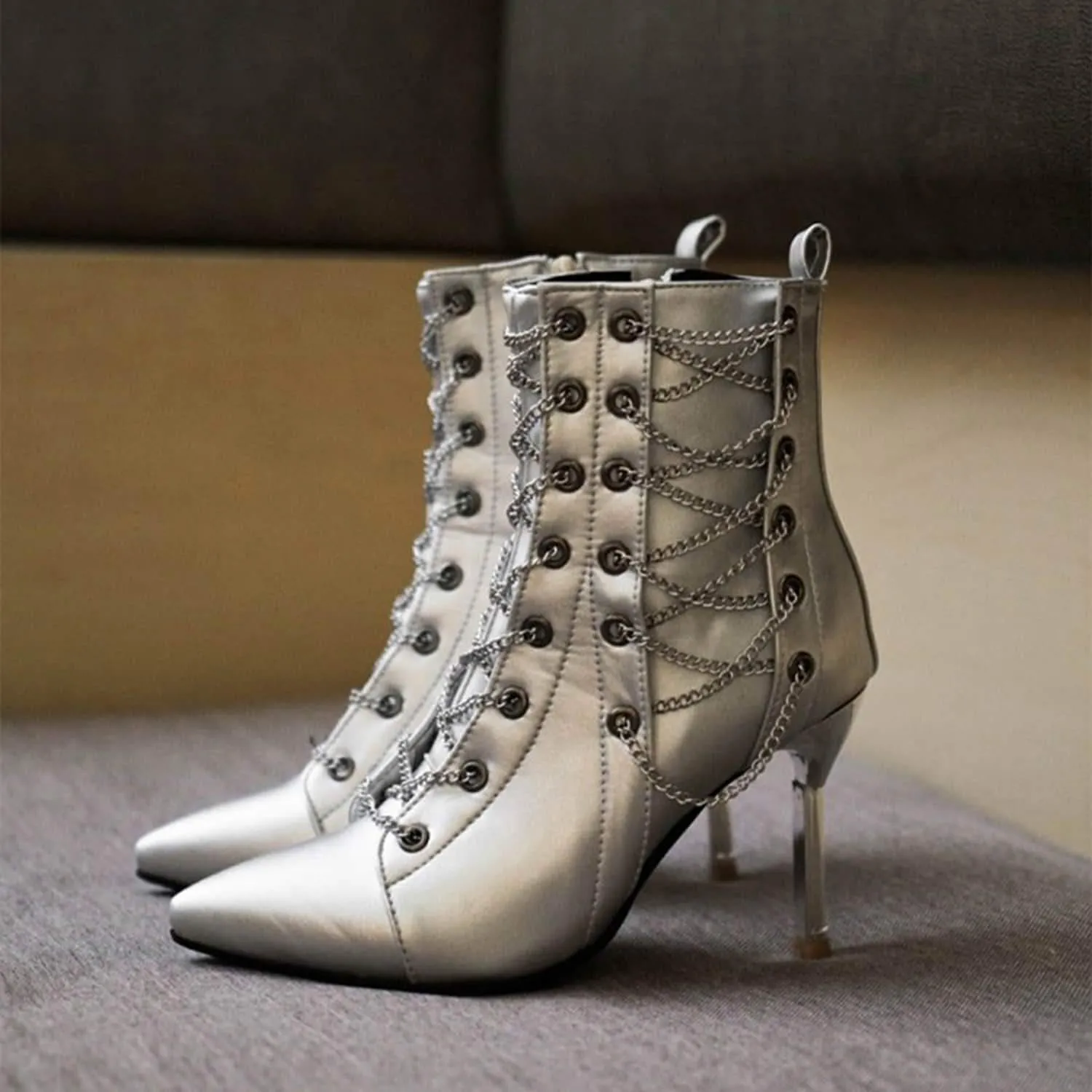 Metallic Chain Strap Decor Point-toe High Heel Boots