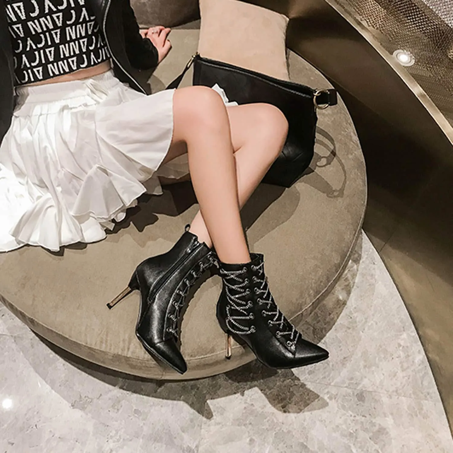 Metallic Chain Strap Decor Point-toe High Heel Boots