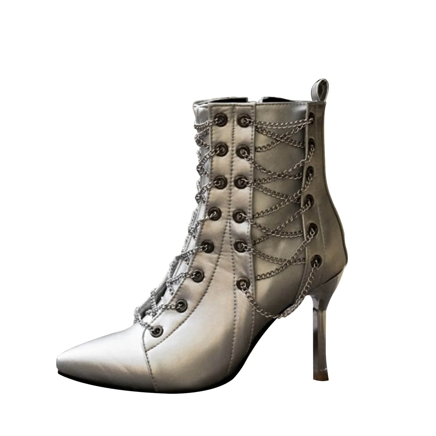 Metallic Chain Strap Decor Point-toe High Heel Boots