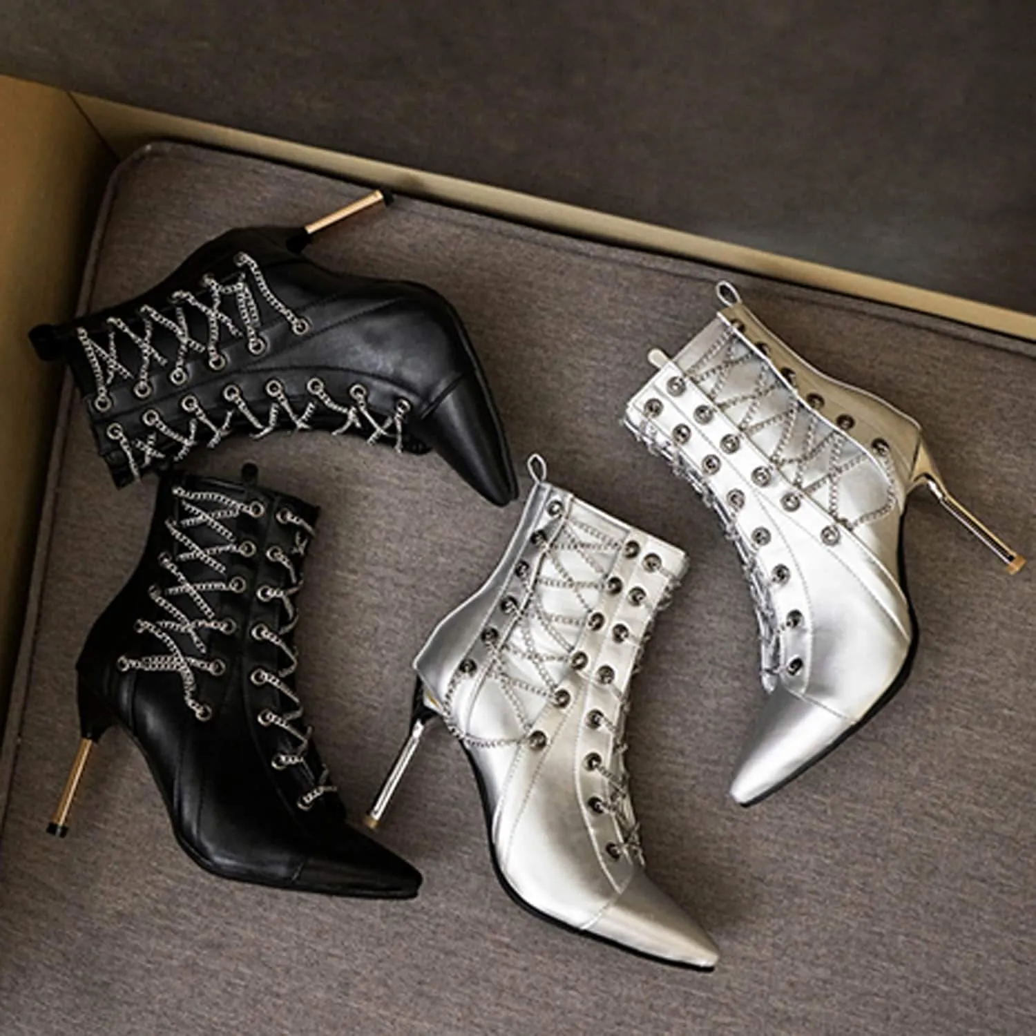 Metallic Chain Strap Decor Point-toe High Heel Boots