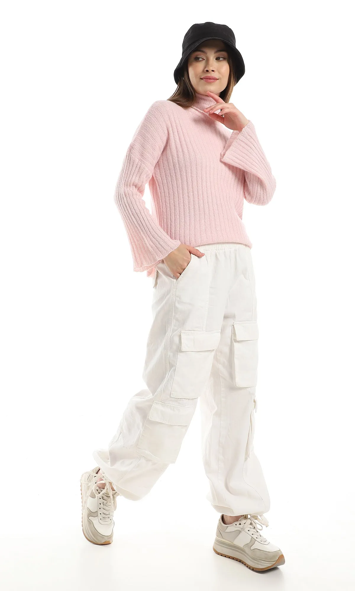 O160332 Turtle Neck Knitted Slip On Pullover - Light Rose