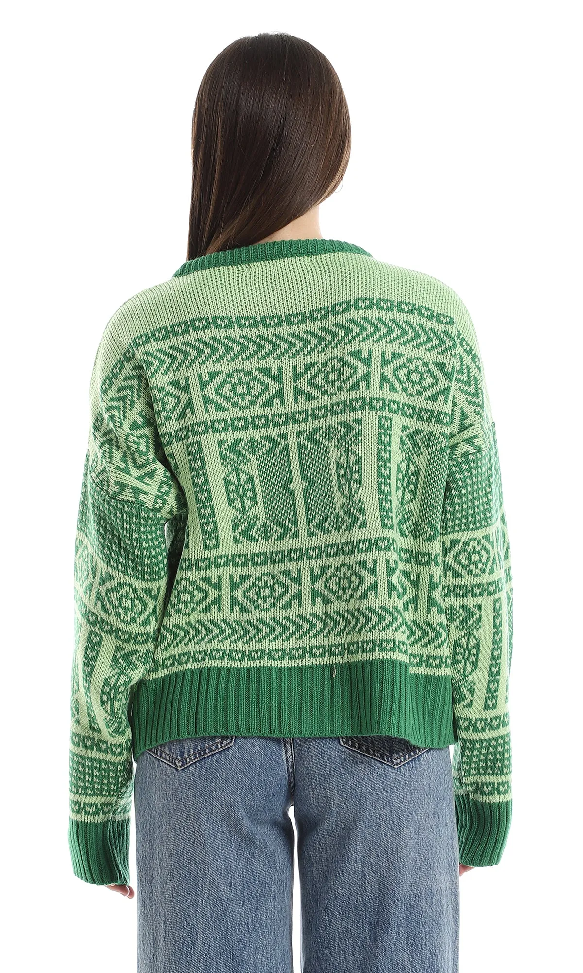 O160342 Patterned Round Neck Acrylic Pullover - Mint & Green