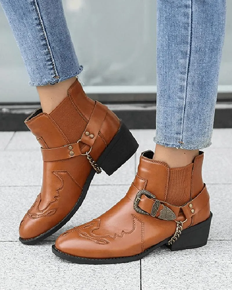 Retro Buckle Decoration Slip On Ankle Boots