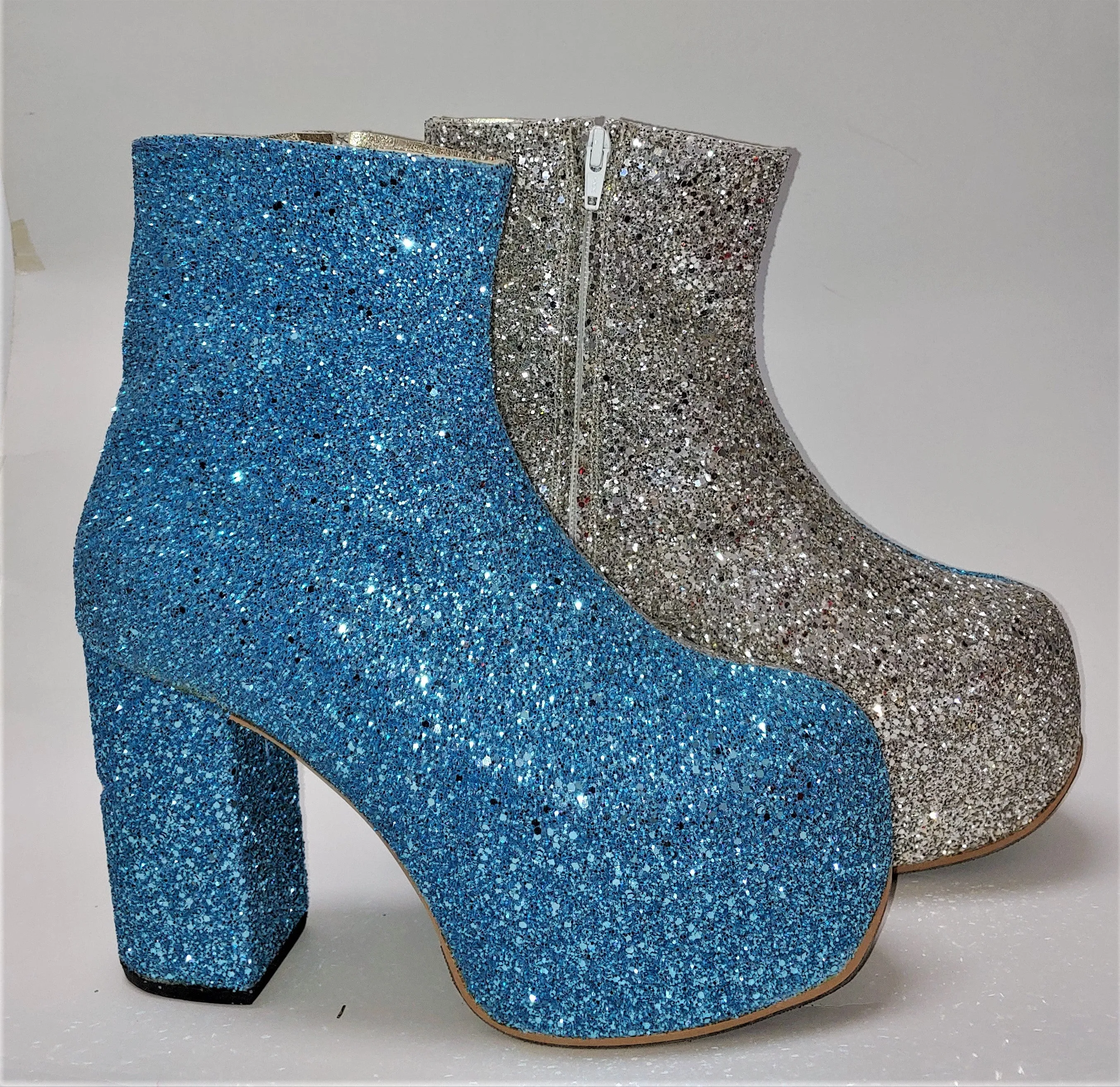 STARDUST Harlequin Platform Ankle Boots in Blue & Champagne Glitter