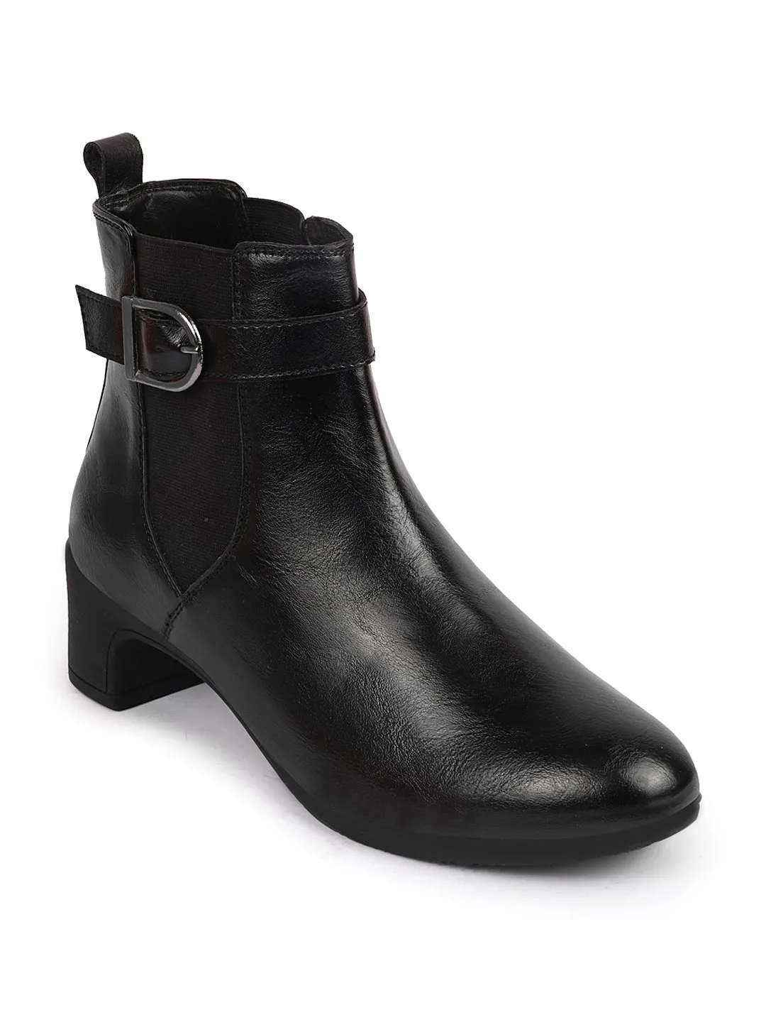 Women Black Flared Heel High Ankle Classic Winter Buckle Strap Chelsea Boots