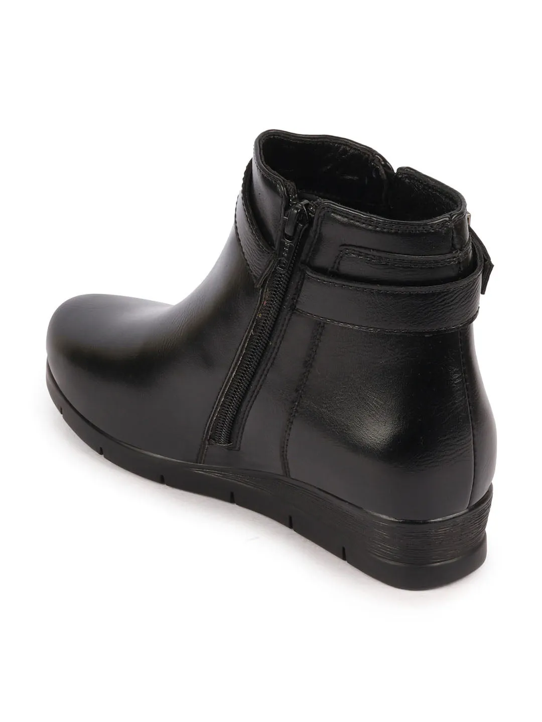 Women Black High Ankle Broad Feet Side Zipper Closure Casual Buckle Boots