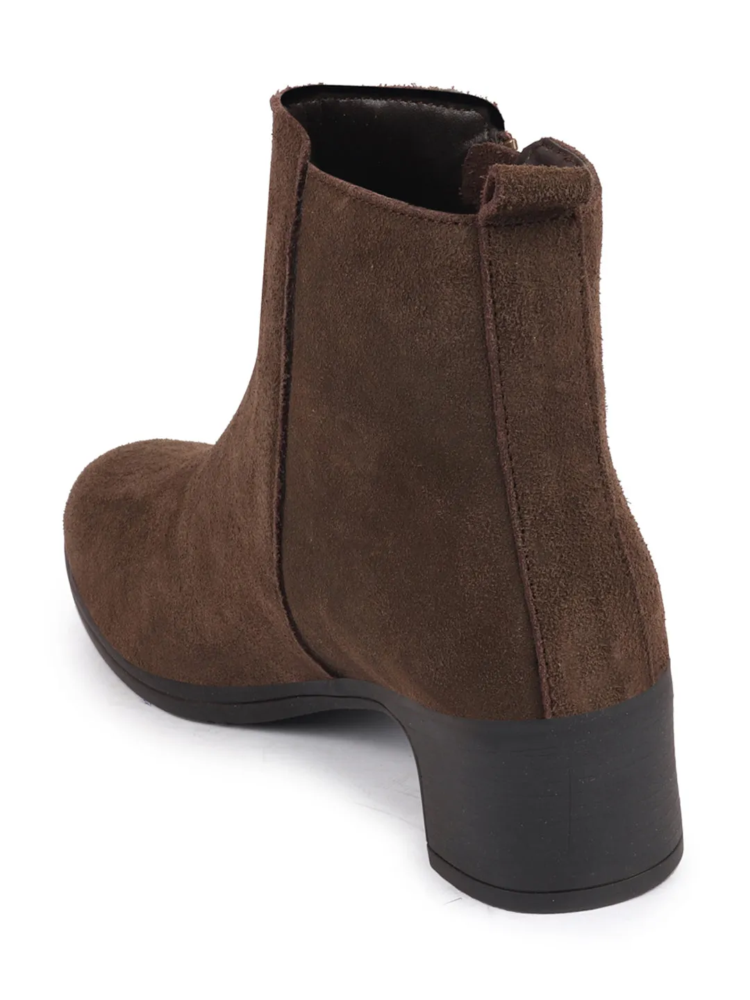 Women Brown Flared Heel Mid Top Suede Leather Zipper Closure Winter Chelsea Boots