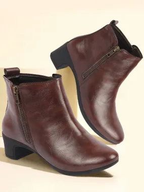 Women Brown Mid Top Flared Heel Side Zipper Winter Classic Boots