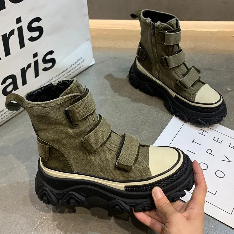 Women Canvas Flats Platform Sport Chelsea Ankle Boots 2023 Autumn New Designer Thick Platform Boots