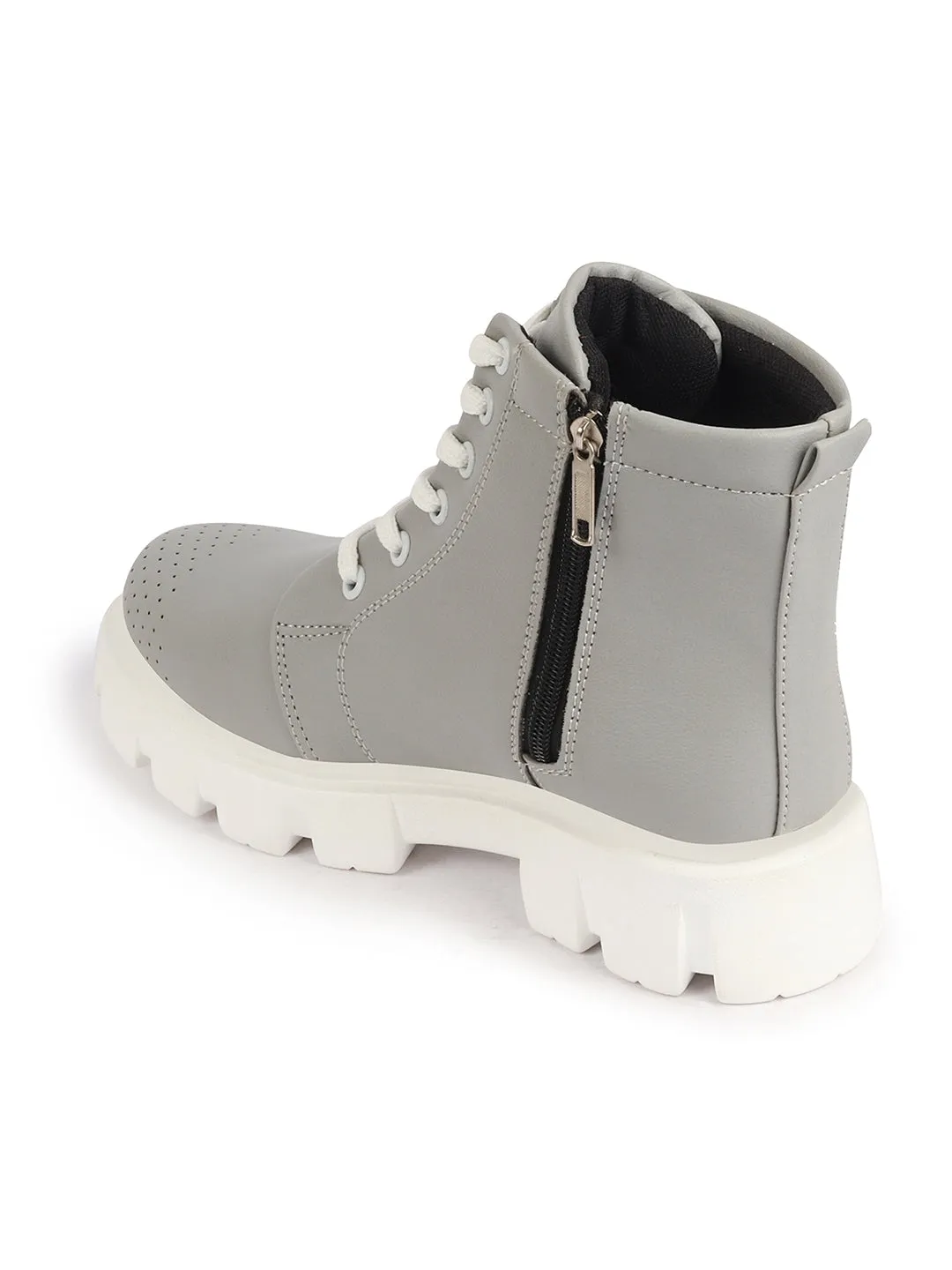 Women Grey Outdoor Winter High Top Chunky Lace Up Casual Boots