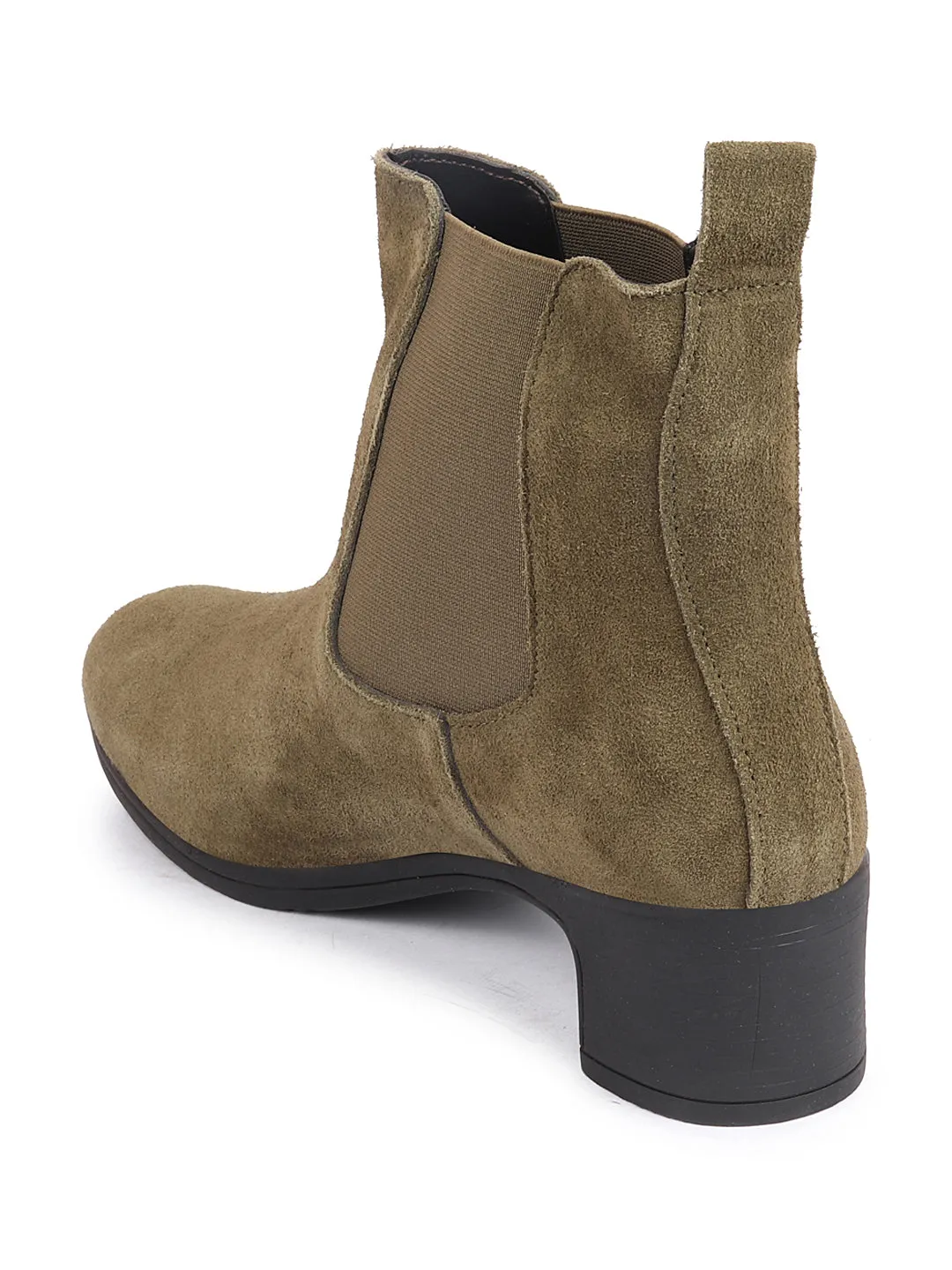 Women Olive Flared Heel High Ankle Suede Leather Classic Winter Chelsea Boots