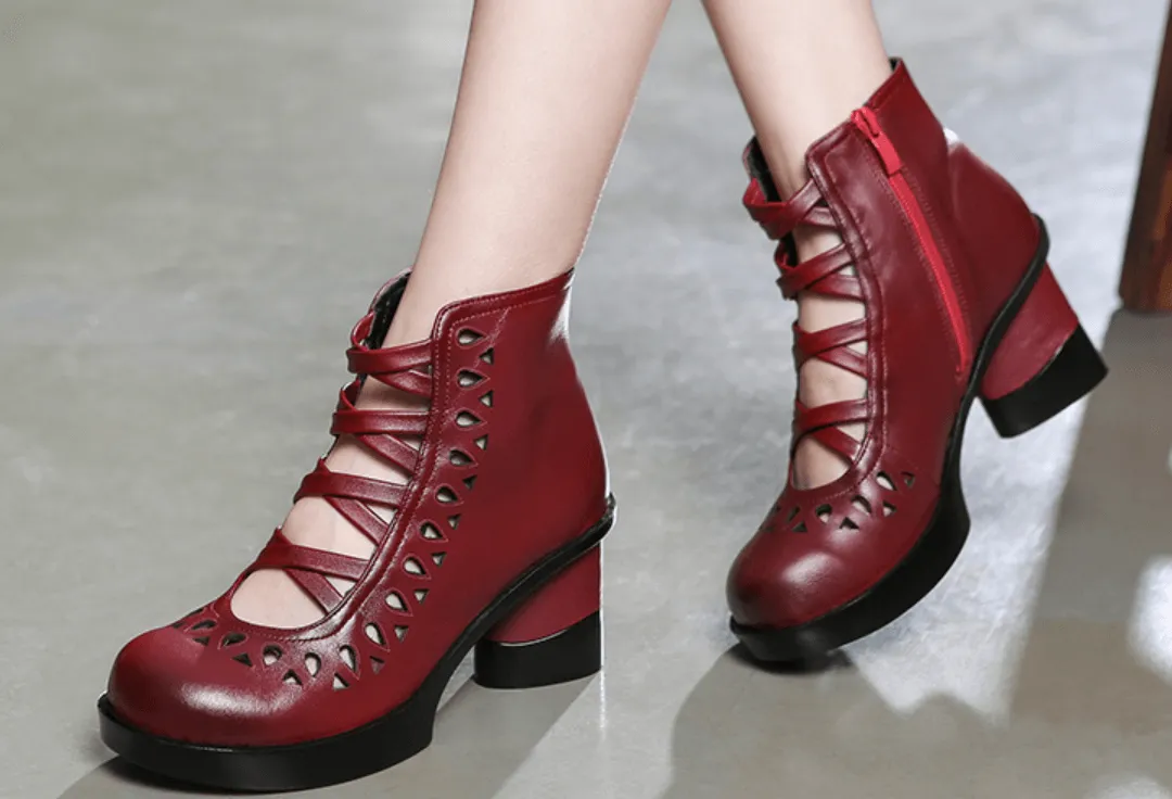 Women Soft Leather Wedge Black Boots Red Ankle Boots