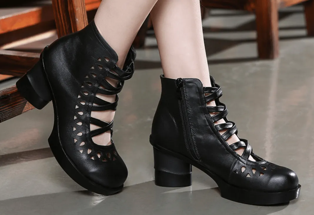 Women Soft Leather Wedge Black Boots Red Ankle Boots