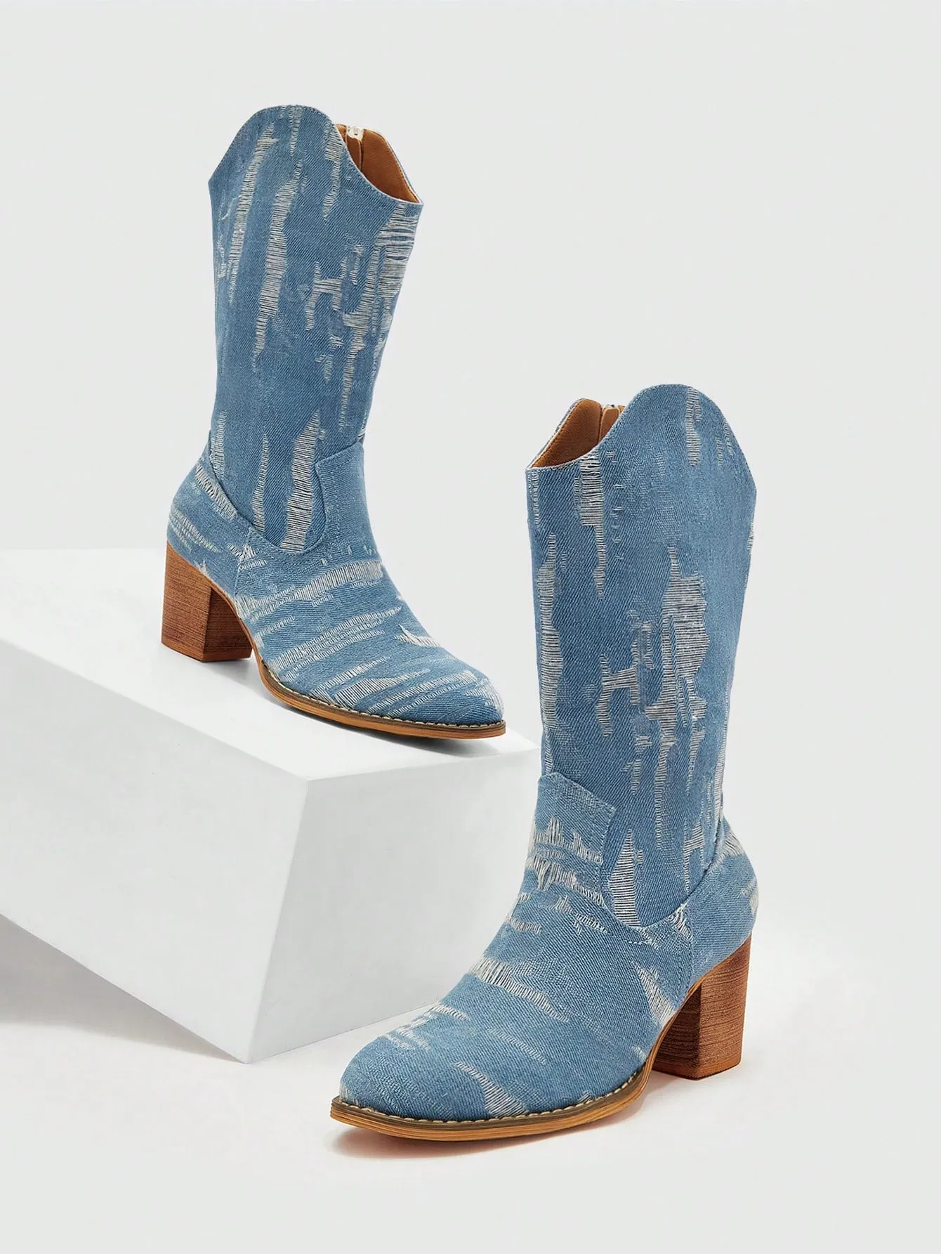 Women Western Boots, Denim Chunky Heeled Fashion Boots