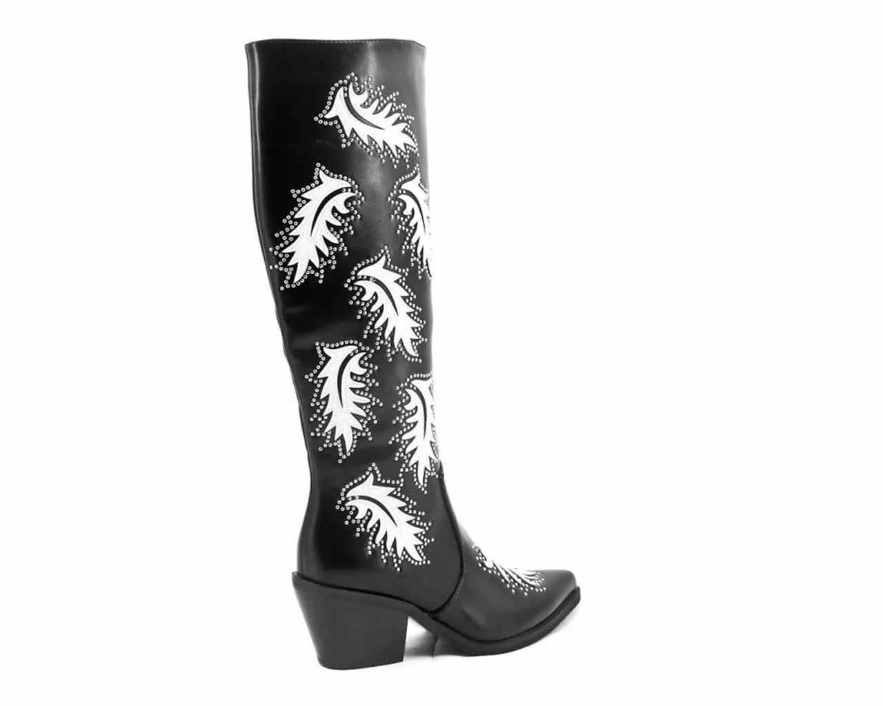 Women's 15759 Faux Leather Leaf Studded Motif Cowboy Boots Black