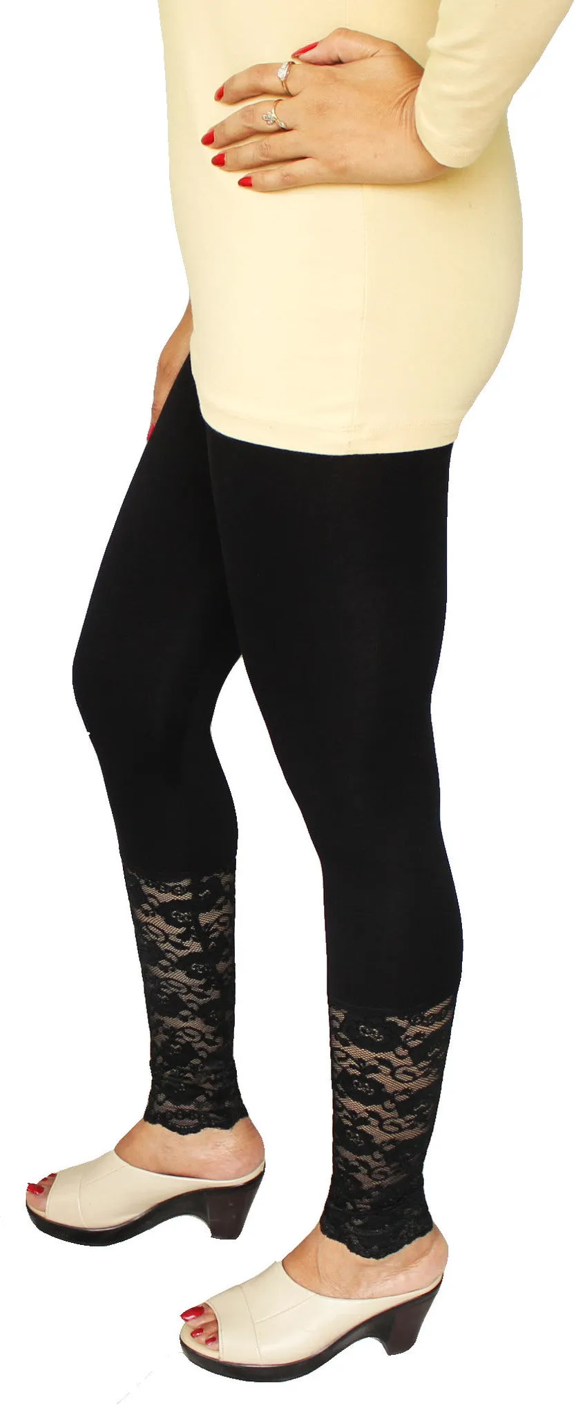 Womens Ankle Length Lace Leggings Tights Floral Pants (Black)