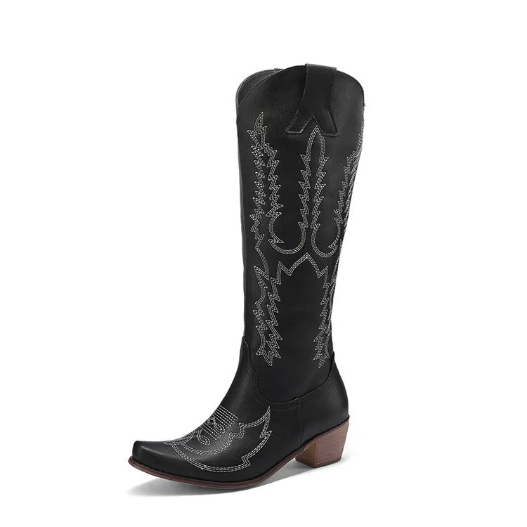 Women's Embroidery Puppy Heel Cowboy Knee High Boots