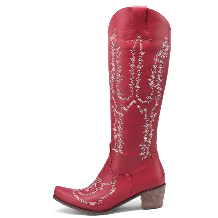 Women's Embroidery Puppy Heel Cowboy Knee High Boots