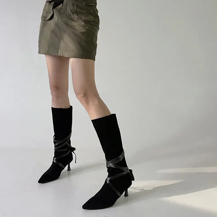 Women's Flock Pointed Toe Entangled Straps Spool Heel Mid-Calf Boots