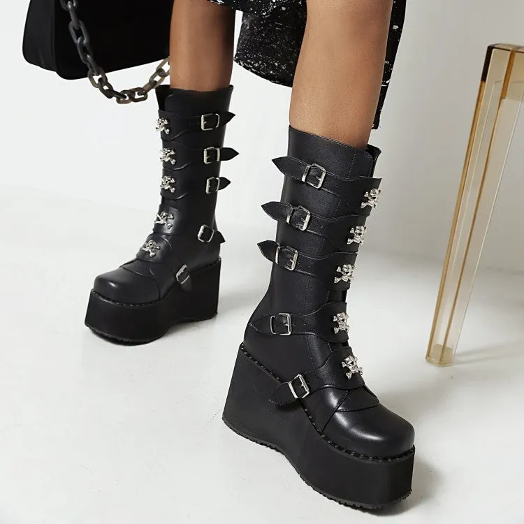 Women's Metal Buckle Platform Wedge Heel Mid Calf Boots