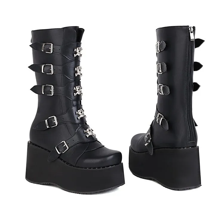 Women's Metal Buckle Platform Wedge Heel Mid Calf Boots