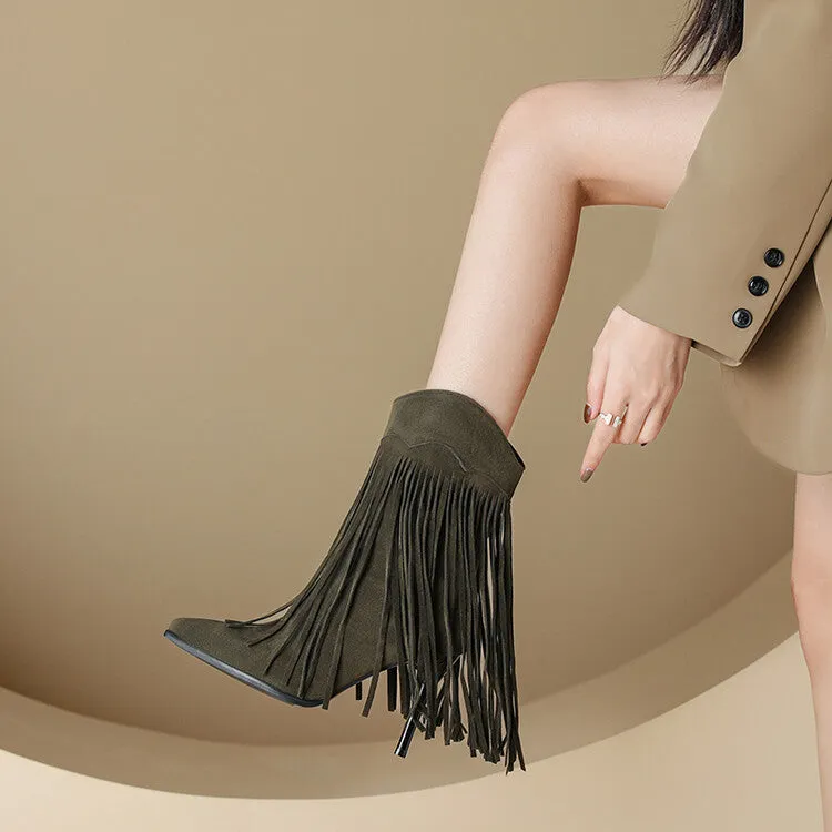 Women's Pointed Toe Tassel Stiletto Heel Mid-Calf Boots